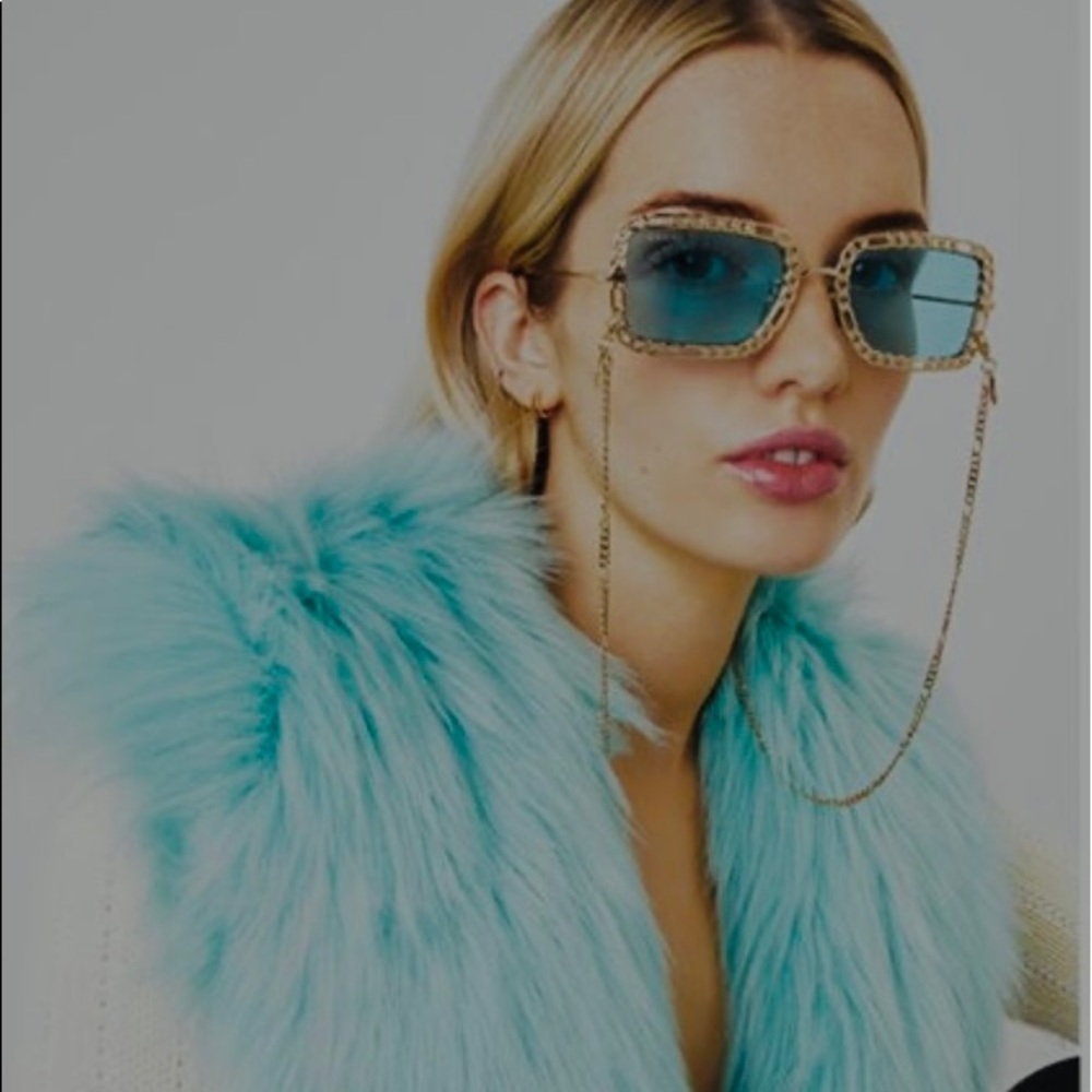 GUCCI NEW PRESTIGE COLLECTION, GOLD &TEAL WITH DETACHABLE GOLD CHAIN SUNGLASSES